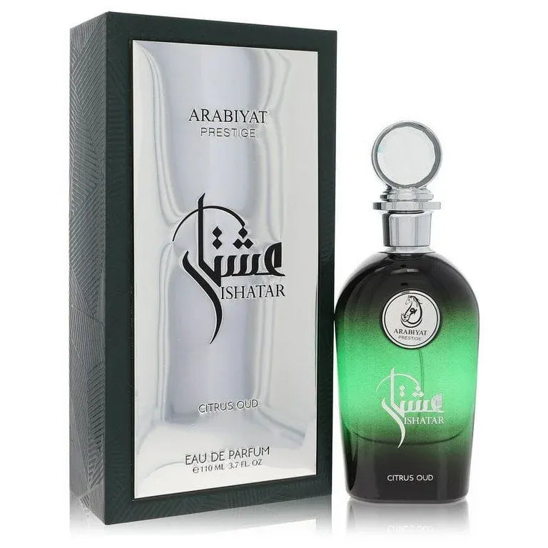Bottle of Arabiyat Prestige Ishatar Citrus Oud 3.7 Edp, a luxurious unisex woody citrus perfume with bergamot, oud, jasmine, and sandalwood notes