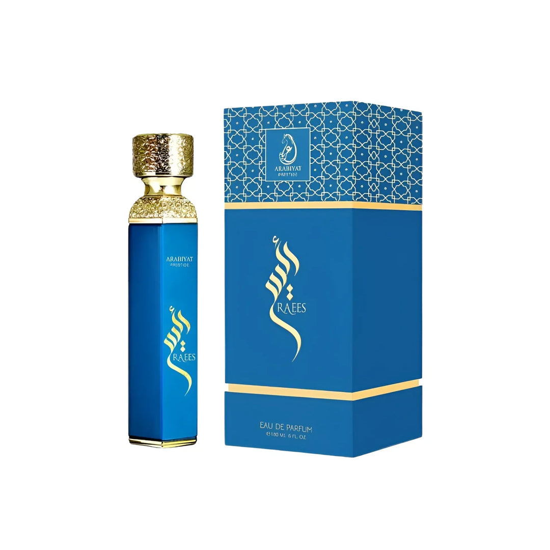 Bottle of Arabiyat Prestige Raees 6.0 Edp, a bold long lasting woody perfume for men with citrus, oud, amber, and musk notes