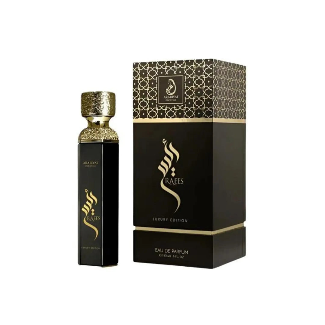 Bottle of Arabiyat Prestige Raees Black 6.0 Edp, a unisex woody spicy perfume with saffron, cinnamon, oud, amber, and musk notes