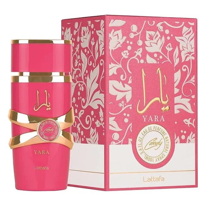 Lattafa Yara Candy 3.4 EDP L perfume bottle and box, best everyday perfume for women in vibrant pink with gold accents