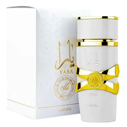Lattafa Yara Moi 3.4 Edp bottle with peach, jasmine, caramel, amber, sandalwood & patchouli – long-lasting amber woody perfume for women.
