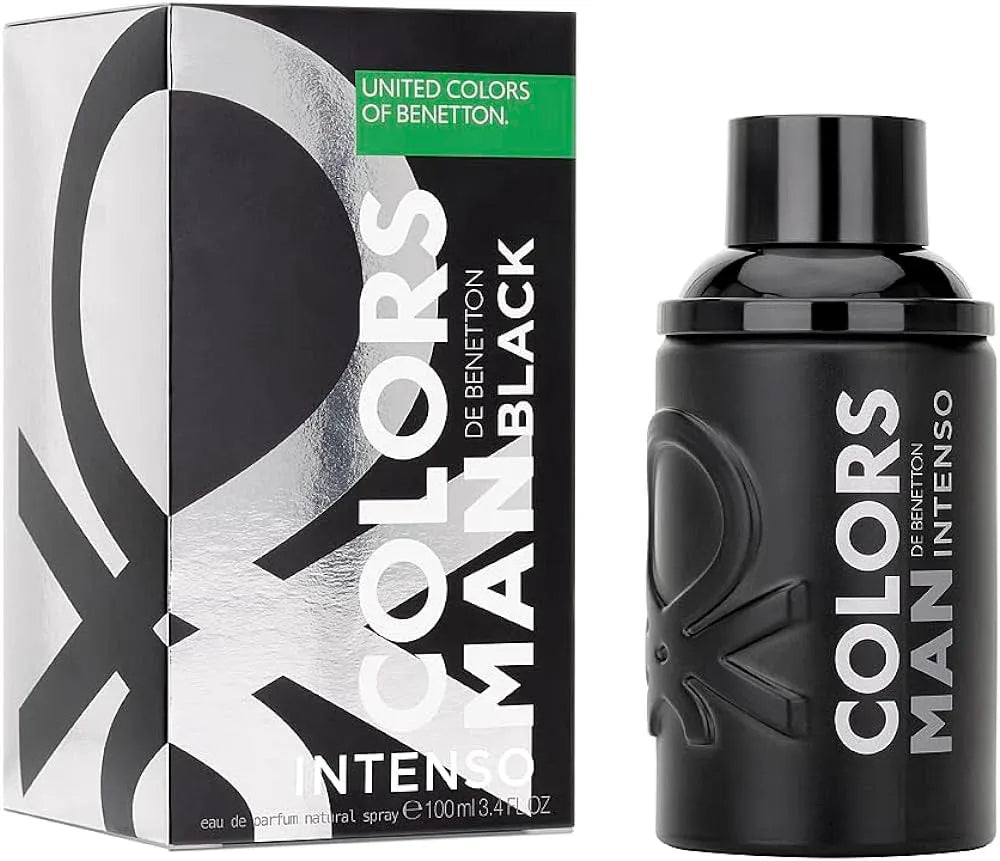 Benetton Colors Man Black Intenso 3.4 Edp M bottle with bold spicy, woody & amber notes – a long-lasting top perfume for men