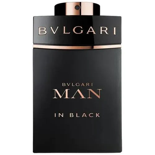 Bvlgari Man In Black 3.4 Edp M bottle with spicy rum, leather, tuberose, and woody amber notes – popular men's perfume.