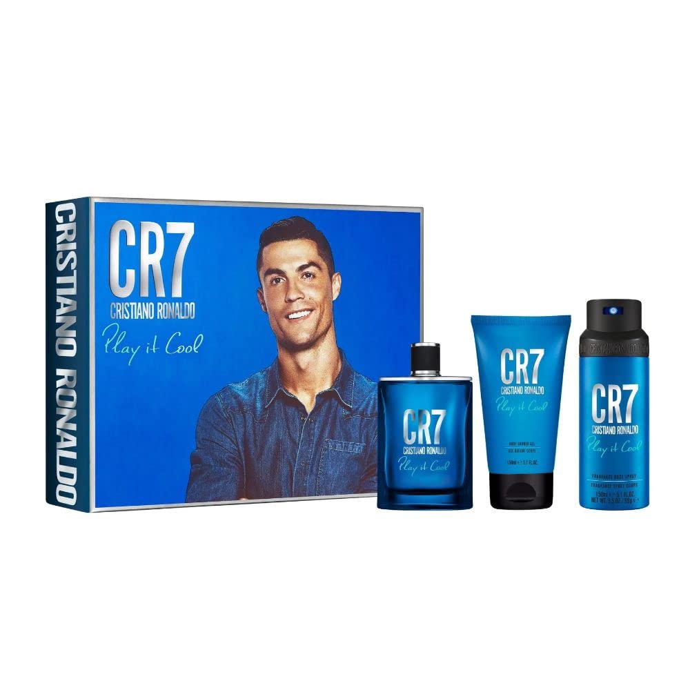 Cristiano Ronaldo CR7 Play It Cool 3pc gift set with fresh citrus, lavender, amberwood, and musk notes – long lasting fragrance for men.

