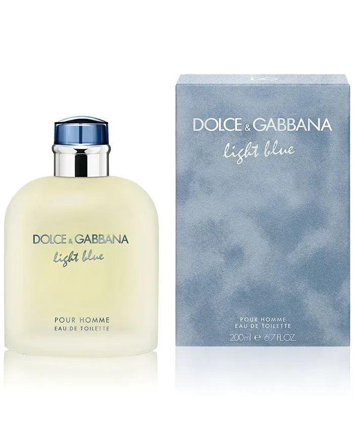 Bottle of Dolce Gabbana Light Blue 6.7 Edt M, a fresh and woody aromatic perfume for men with Sicilian mandarin, grapefruit, rosemary, and musk notes