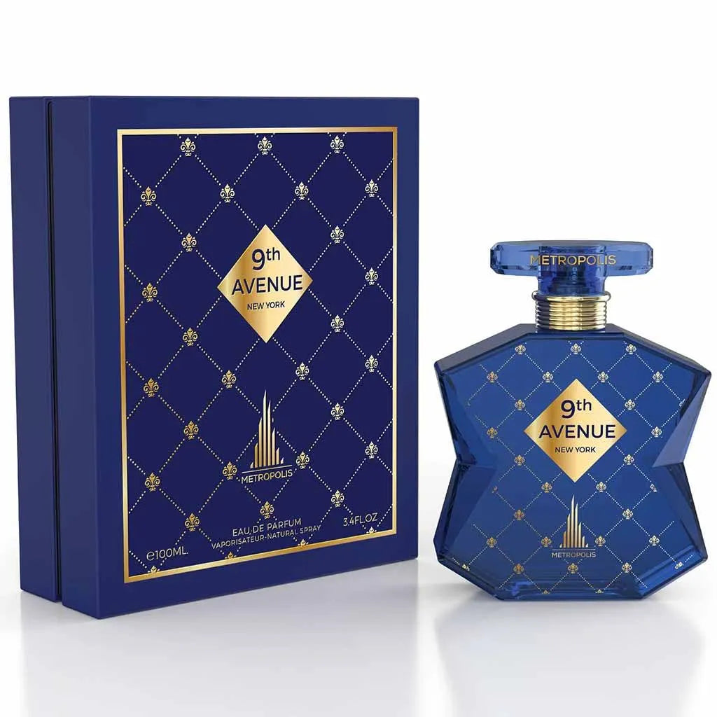 Bottle of Emper Metropolis 9th Avenue New York 3.4 Edp, a unisex long lasting oriental woody perfume with quince, oud, amber, and vanilla notes