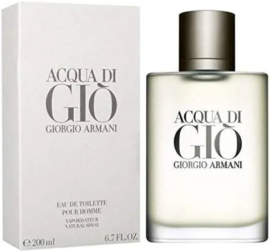Bottle of Giorgio Armani Acqua Di Gio 6.7 Edt M, a fresh and long lasting perfume for men with bergamot, marine notes, rosemary, and cedarwood