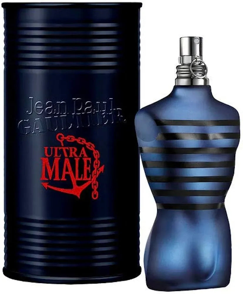Jean Paul Gaultier Ultra Male 4.2 Edt bottle with bergamot, pear, lavender, cinnamon & vanilla base – perfume for men.