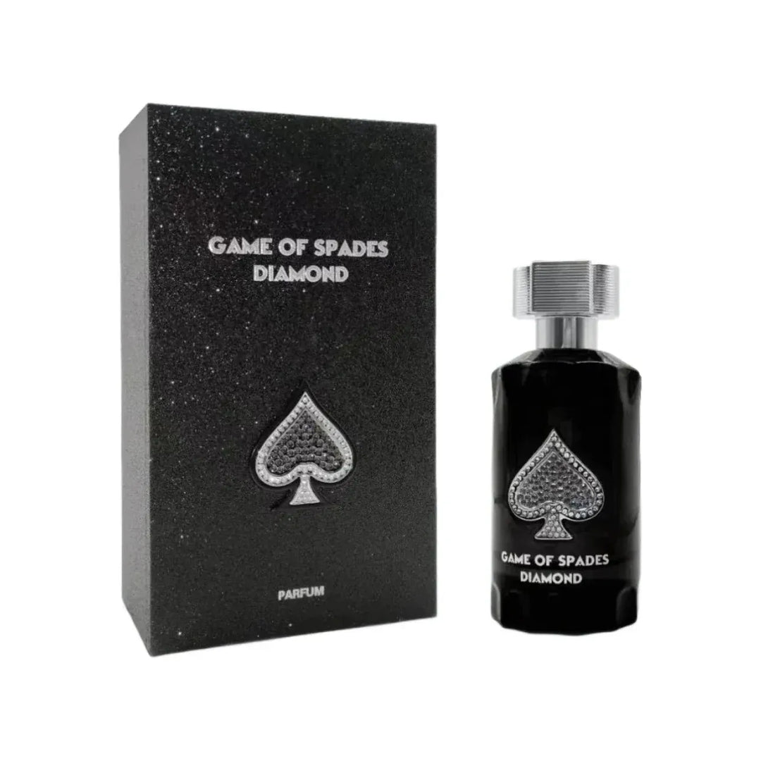 Jo Milano Game of Spades Diamond 3.0oz EDP – bold unisex scent with cognac, spices, amber, and vanilla notes.
