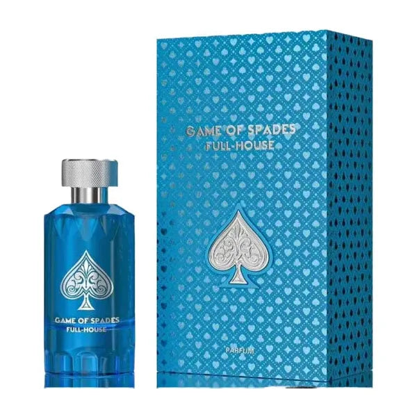 Jo Milano Game of Spades Full House 3.4oz EDP – fresh, spicy unisex fragrance with citrus and amber woody notes.