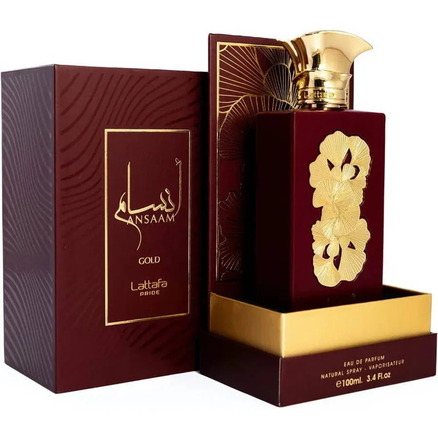 Lattafa Pride Ansaam Gold luxurious long lasting perfume bottle