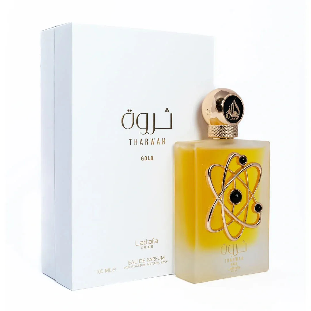 Lattafa Pride Tharwah Gold 3.4 Edp bottle with floral notes of lavender, orange blossom, jasmine & vanilla – long-lasting perfume.