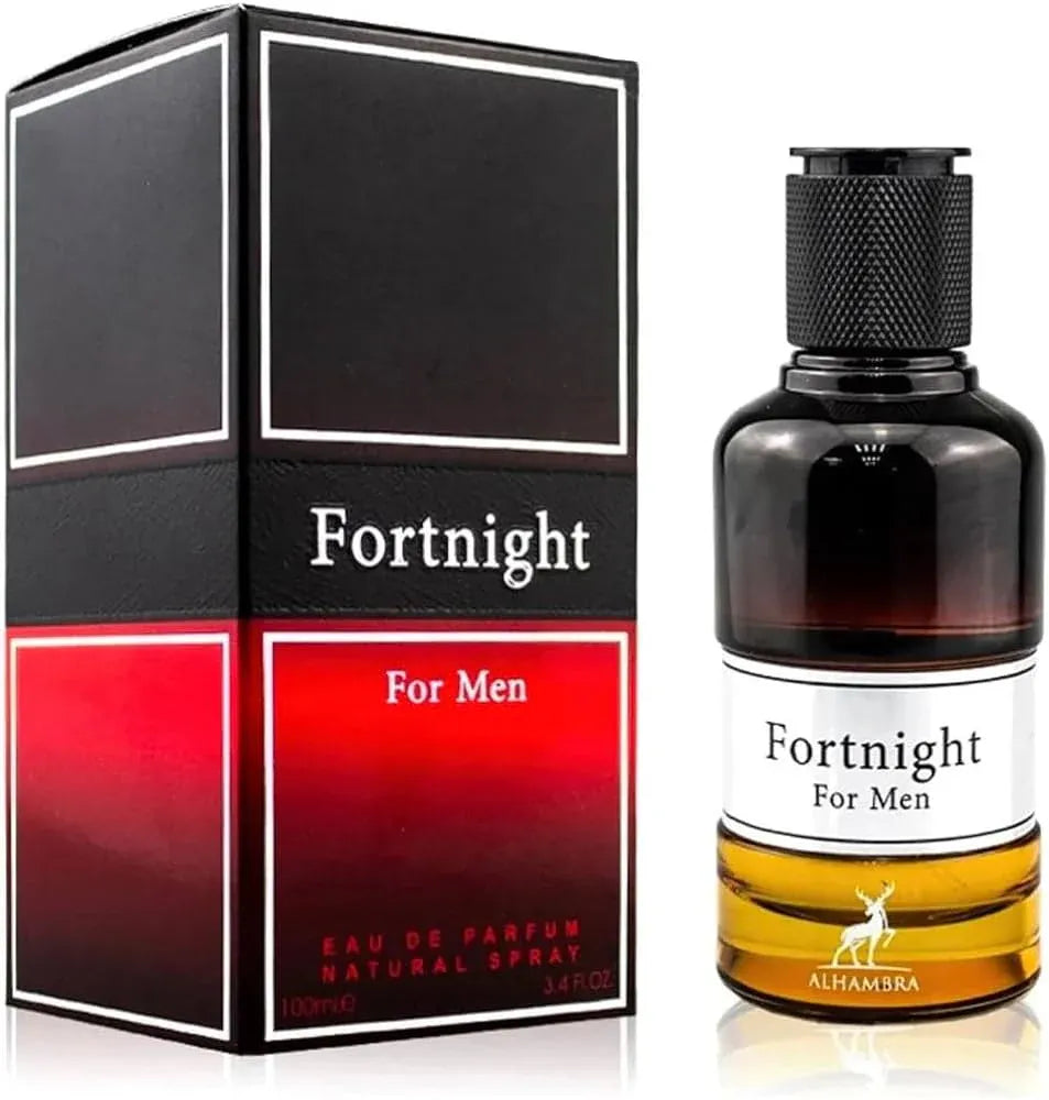 Maison Alhambra Fortnight 3.4 Edp bottle with nutmeg, cedar, leather, amber & patchouli – long-lasting woody perfume for men.