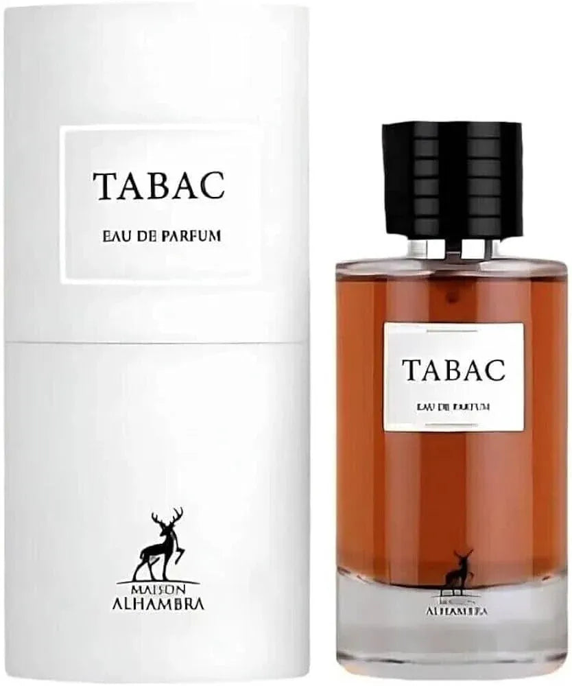 Maison Alhambra Tabac 3.4 Edp bottle with citrus, tobacco, florals, woods & musk – long-lasting tobacco woody perfume for men.
