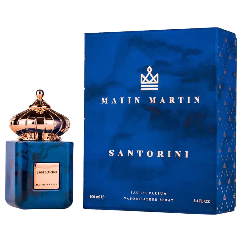 Matin Martin Santorini 3.4 Edp bottle with citrus, freesia, amber, moss, and musk notes – fresh perfume for men.