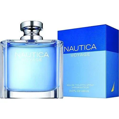Nautica Voyage 3.4 Edt bottle with green apple, lotus, mimosa, cedar, musk & amber notes – fresh everyday perfume for men.