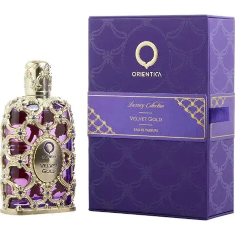 Orientica Velvet Gold 5.0 Edp Spray bottle with bergamot, caramel, violet, pink pepper, patchouli, rose, musk & vanilla – unisex perfume.