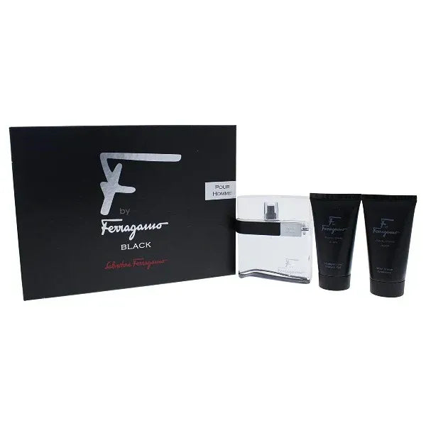 Salvatore Ferragamo F Black 3-piece set with 3.4 oz EDT, shower gel & after shave balm – fresh spicy fragrance gift set for men.