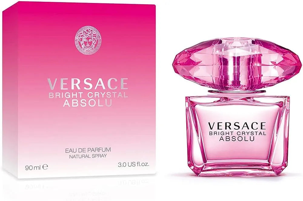 Versace Bright Crystal Absolu 3.0 Edp bottle with pomegranate, yuzu, peony, magnolia, amber, musk & mahogany – floral perfume for ladies.