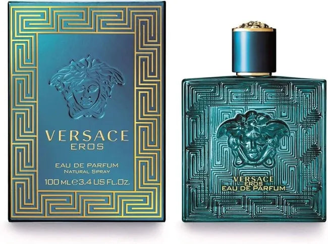 Bottle of Versace Eros Eau de Parfum 6.7 Edp, a fresh and woody long lasting perfume for men with citrus and vanilla notes