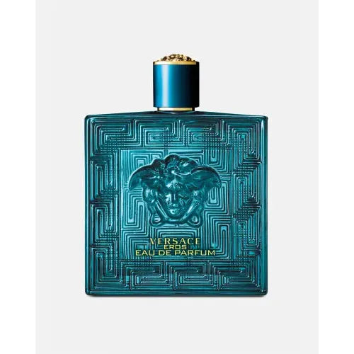 Bottle of Versace Eros Eau de Parfum 3.4 Edp, a fresh and woody scent for men with lemon, mint, and vanilla notes