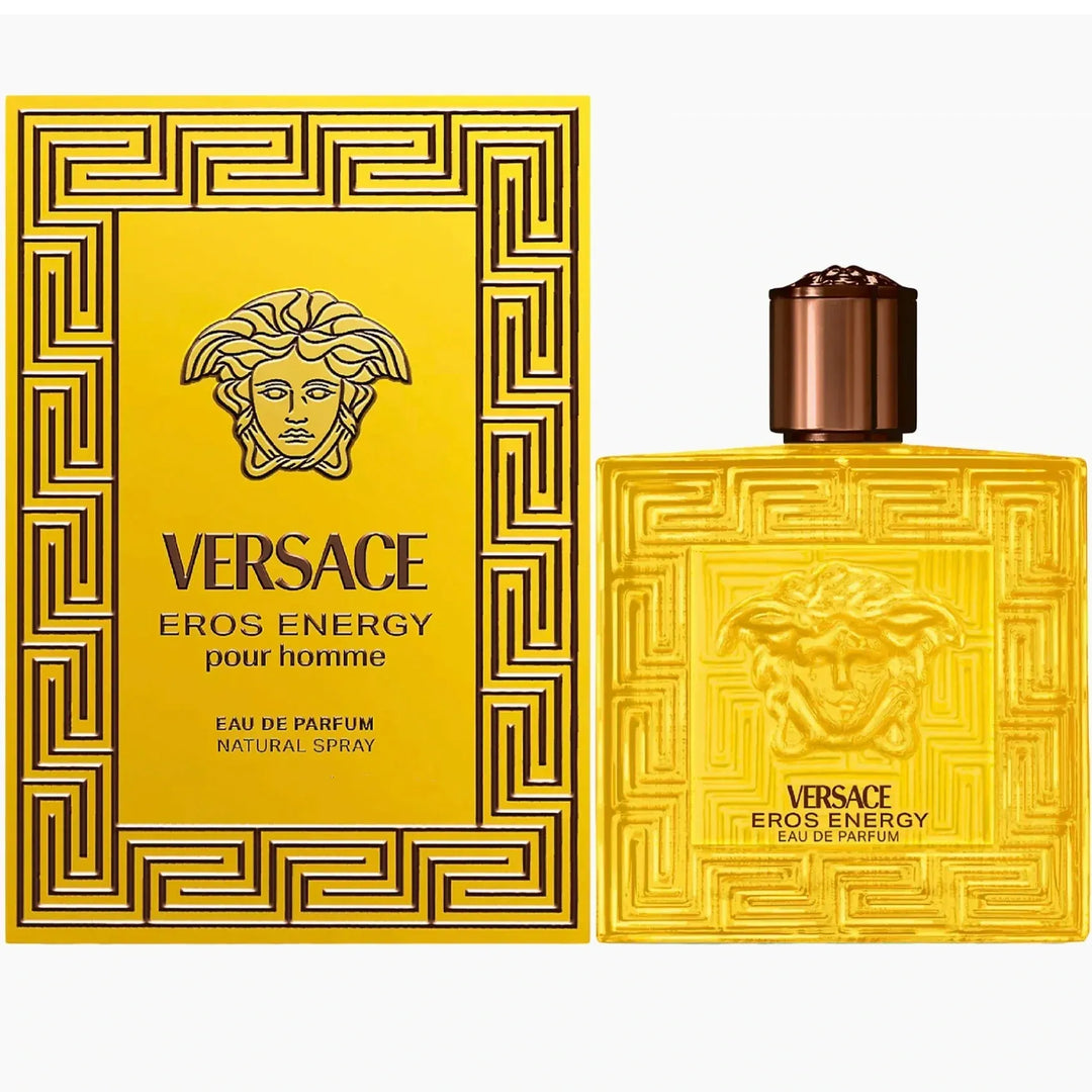 Bottle of Versace Eros Energy 6.7 Edp, a fresh and woody long lasting perfume for men with citrus and amber notes
