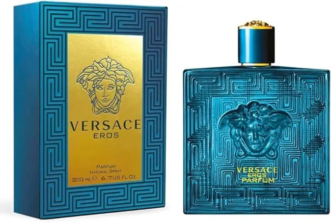 Bottle of Versace Eros Parfum 3.4 Edp, a bold and long lasting woody oriental fragrance for men with mint, lemon, and vanilla notes