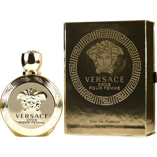 Bottle of Versace Eros Pour Femme 3.4 Edp, a floral woody musk perfume for women with citrus and jasmine notes