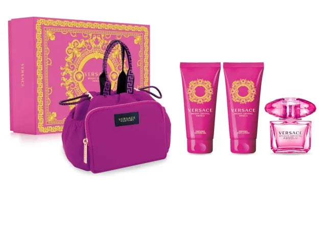 Versace Bright Crystal Absolu 4-piece set with 3.0 oz EDP & body care products – top floral perfume gift set for women.