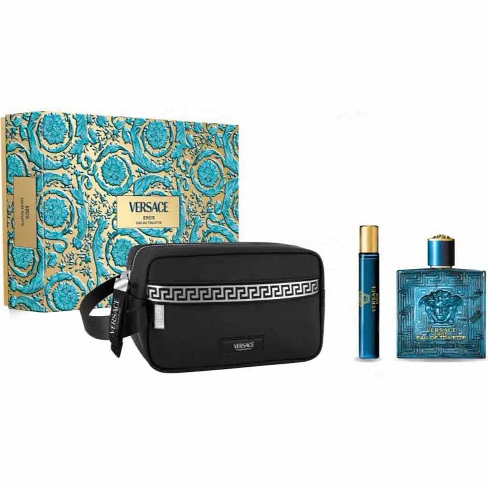 Versace Eros 3-piece set for men with 3.4 oz Eau de Toilette, mini EDT, and pouch – fresh woody aromatic cologne gift.

