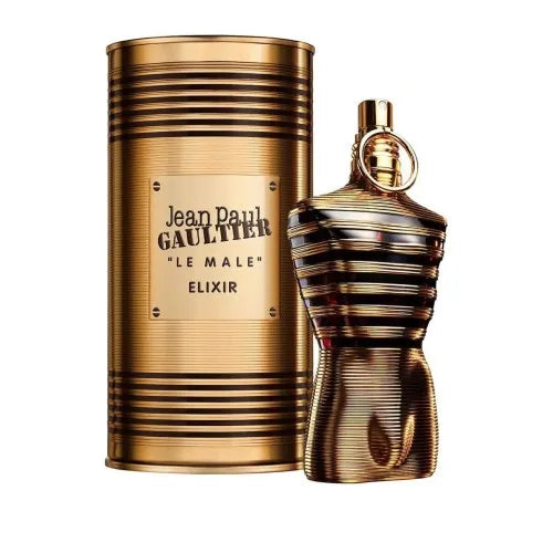 Bottle of Jean Paul Gaultier Le Male Elixir 4.2 Edp, a bold and long lasting woody aromatic perfume for men with mint, lavender, vanilla, and amber notes